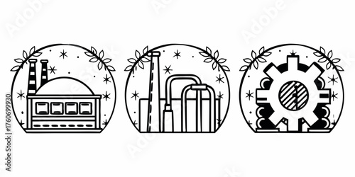 Three industrial icons in circles with leaves and stars depicting factory, plant, and gear wheel design on transparent background