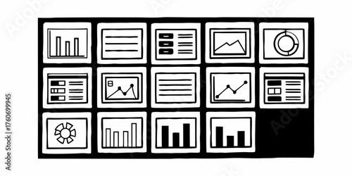 Display of various charts and graphs arranged in a grid pattern showing data visualization tools on transparent background