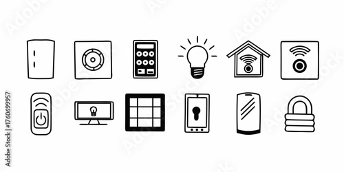 Collection of smart home device icons including a lightbulb remote and security lock in black and white style on transparent background
