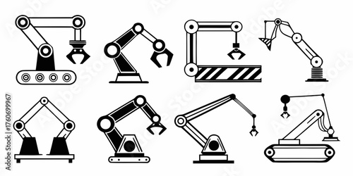 Illustration showing eight different robotic arm designs in black and white on a plain white background on transparent background