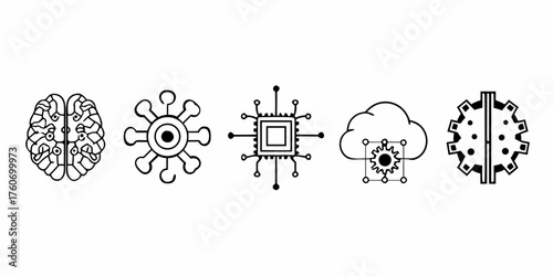 Illustration showing a brain, virus, microchip, cloud computing and a cogwheel in black and white on transparent background