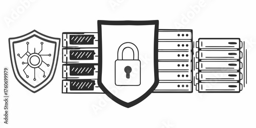 Illustration of data servers with shield icons depicting security and protection measures in place on transparent background