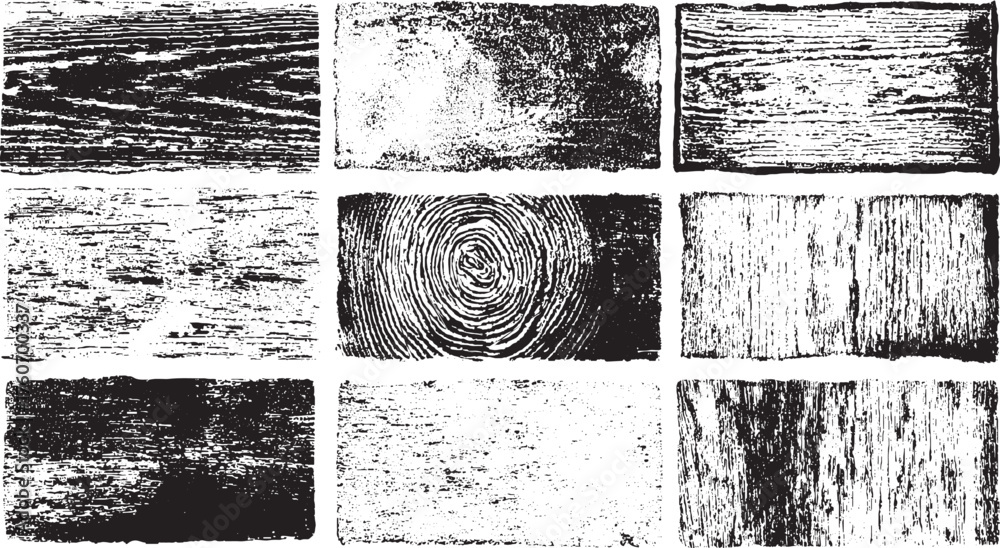 Set of Nine Black and White Wood and Grunge Textures Rubbed aged texture with a halftone raster pattern. Black and white grunge frame. rough and dirty texture vector design on transparent background.