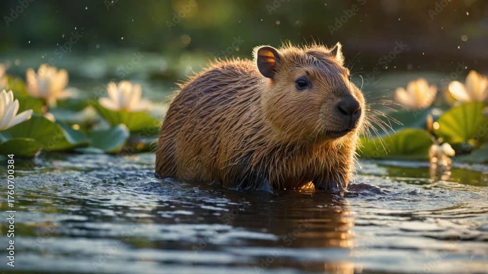 Obraz premium Capybara wading through serene water surrounded by lily pads and flowers at sunset
