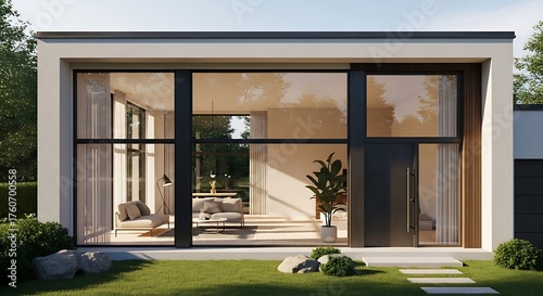 Modern house with large windows overlooking a green lawn and garden