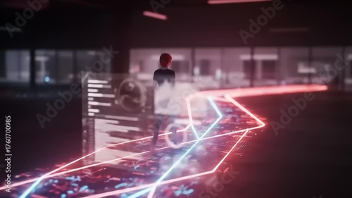 Futuristic scene of a person walking on a glowing pathway with digital data displays in a modern space