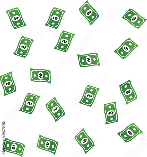 Seamless vector pattern of floating dollar bills raining down. Perfect for finance, money, business, digital design, and playful creative projects. Vibrant, dynamic, and fun design