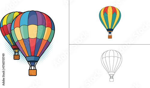 Three different style illustration of flying hot air balloon.