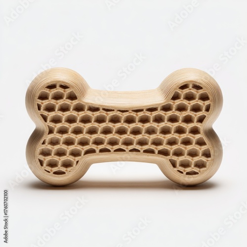 Light beige wooden dog bone toy, honeycombed pattern