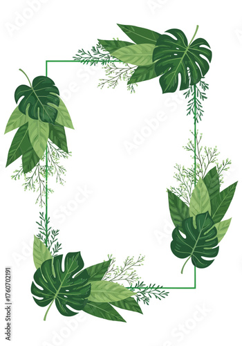 Beautiful green tropical leaves frame with monstera deliciosa and fern elements, a vibrant nature concept