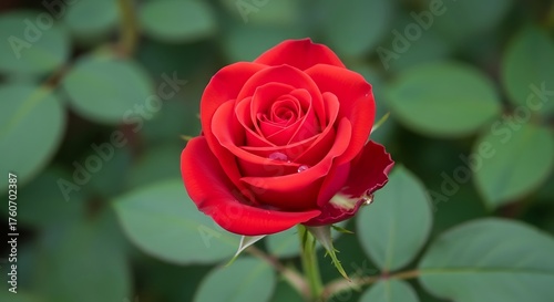 A close up of a vibrant red rose in full bloom with green foliage