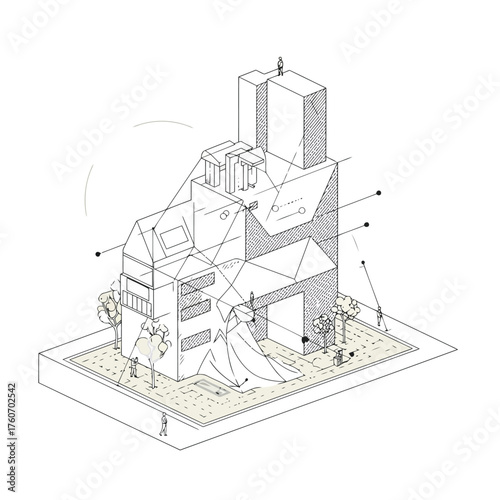 Isometric architectural illustration of a building with people and trees