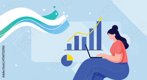 Professional woman utilizing laptop for data analysis, visualizing market growth and strategic business planning