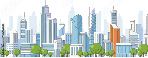 Vibrant city skyline illustration with modern skyscrapers, lush green trees, and a clear blue sky providing a backdrop for urban life
