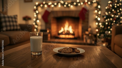 Cozy holiday scene with snacks left by a glowing decorated fireplace.