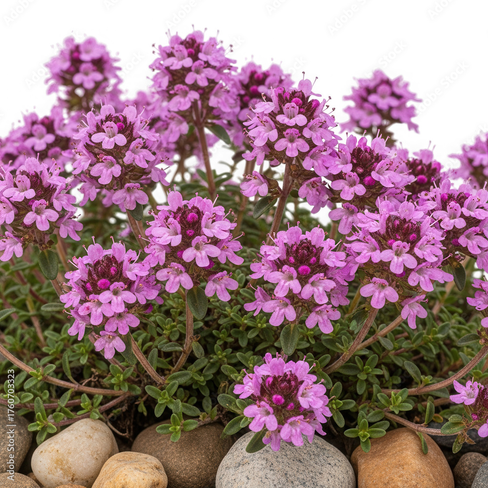 Fototapeta premium Creeping thyme plant with pink flowers isolated on transparent background