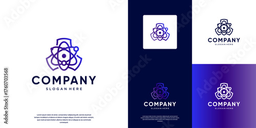 electron orbiting the atomic nucleus logo, education symbol, experiment, nuclear physics, vector design template.