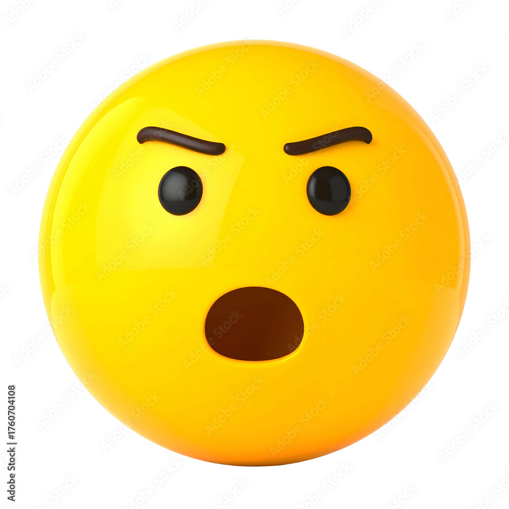 Fototapeta premium 3D rendered yellow, round face displays anger and surprise against a black background