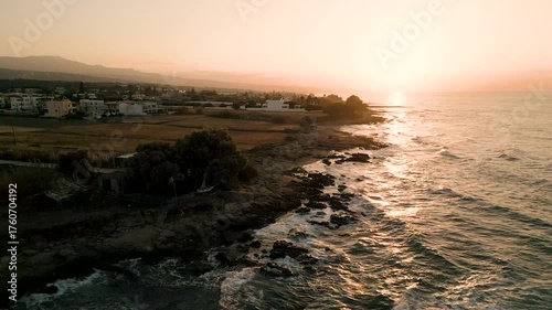 Rocky coast sunset on the beach, Retymno Crete, Greece