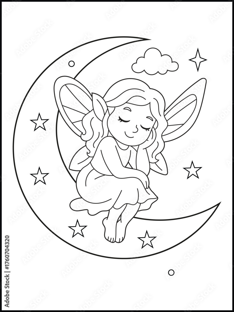 Obraz premium Sleeping Fairy Sitting on Crescent Moon Coloring Page for Kids. Illustration of a Cute Dreamy Fairy with Wings and Stars. Magical Night Sky Coloring Page for Children. Easy Printable Art Activity