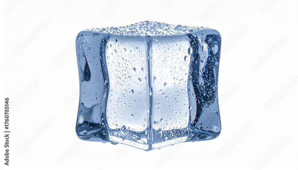 Obraz premium Close-up of a single melting ice cube with water droplets on a pristine white background, perfect for refreshing drink concepts and cool visuals.