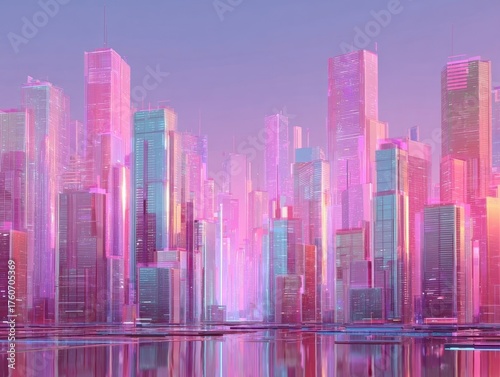 Vibrant Future Cityscape Glass Skyscrapers Neon Glow Reflections Water Horizon Abstract Architectural Design Urban Landscape Digital Art