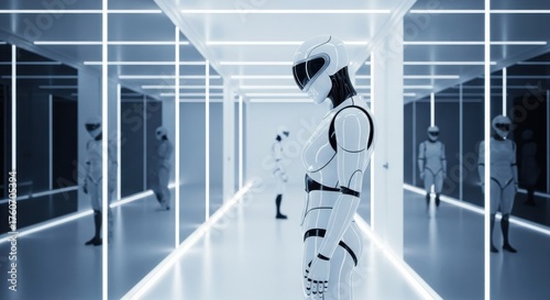Futuristic robots in a sleek, illuminated corridor exploring advanced technology and design