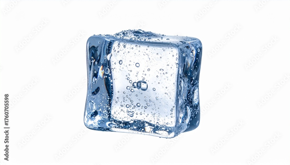 Obraz premium Clear melting ice cube with water droplets and bubbles on white background, isolated, close-up. Refreshing cold drink ingredient.