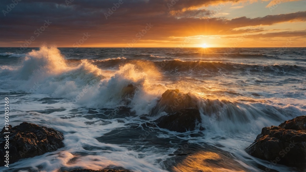 Obraz premium Serene Sunset Over Ocean Waves Crashing on Rocky Shoreline with Dramatic Cloudy Sky