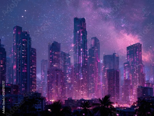 Vibrant Night Cityscape with Pink and Purple Lights Illuminated Skyscrapers Under a Starry Sky 
