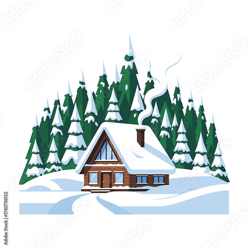Winter Cabin in Snow Forest Peaceful Christmas Landscape Illustration print t shirt apparel background poster banner postcard or social media content
