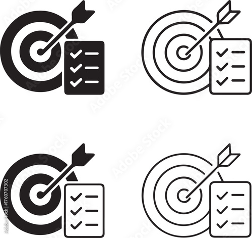 Isolated Action Plan Icon Set, Black Vector Pixel Style, Target and Checklist Symbol, Goal and Business Strategy Design, Minimal Action Plan Icon, Productivity and Success Vector for Buyers