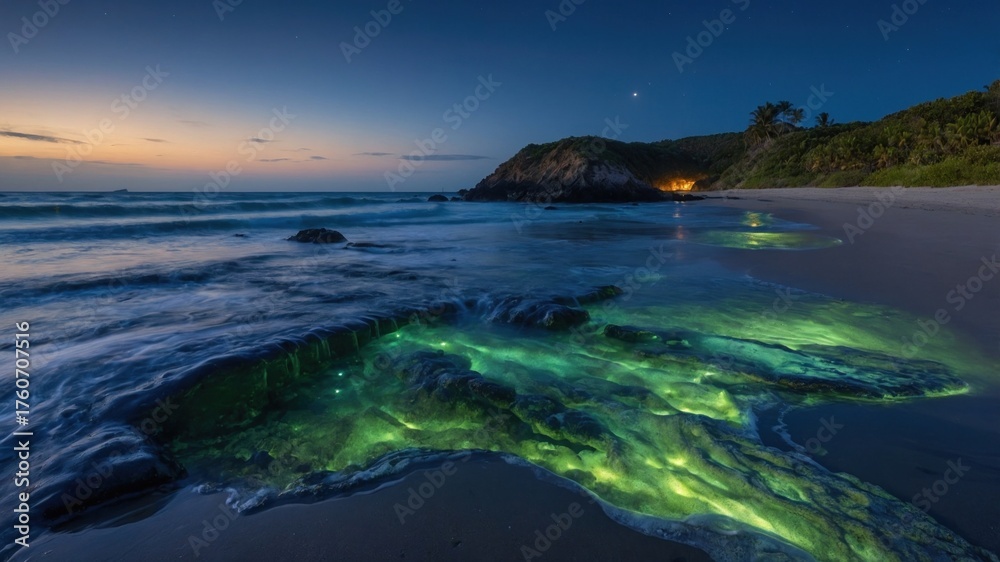 Fototapeta premium Bioluminescent waves illuminate rocky shoreline at twilight, creating a magical coastal scene