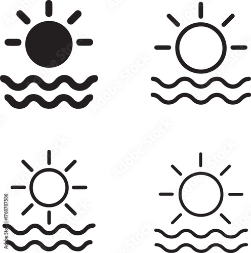 Isolated Summer Icon Set, Black Vector Pixel Style, Sun and Beach Symbol, Vacation and Warm Season Design, Minimal Summer Icon, Tropical Travel and Holiday Lifestyle Vector for Buyers