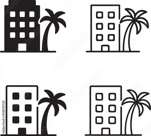 Isolated Resort Icon Set, Black Vector Pixel Style, Palm Tree Hotel Symbol, Travel and Vacation Design, Minimal Resort Icon, Tropical Destination and Relaxation Holiday Vector for Buyers