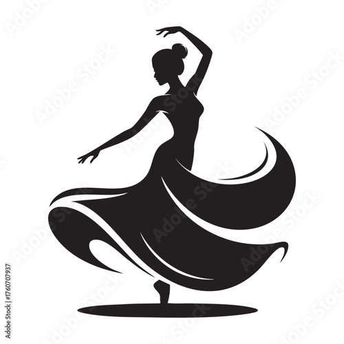Graceful Dancer Silhouette Vector Woman in Dynamic Spin with Voluminous Flowing Dress