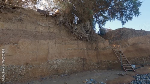 Ocean sea coast shore erosion of soil sand land falling down, roots of trees