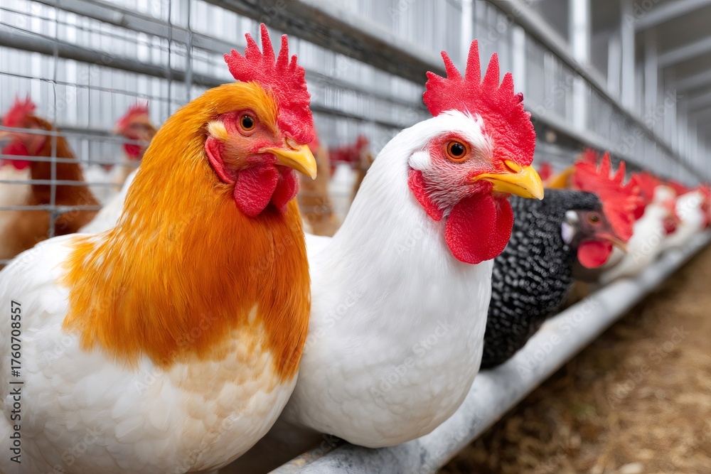 Fototapeta premium Chickens standing in line on a poultry farm