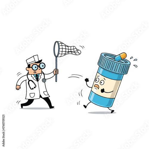 Funny healthcare concept showing a cartoon doctor with a stethoscope and net pursuing a runaway bottle of medicine capsules, isolated on a white background