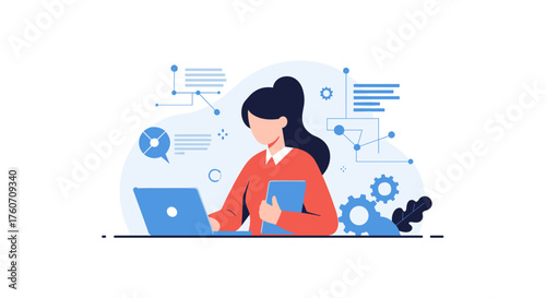 Professional woman analyzing data using laptop and technology Digital business workflow illustration