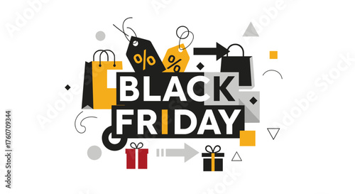 Black Friday sale banner with shopping icons discount tags and gifts Retail concept