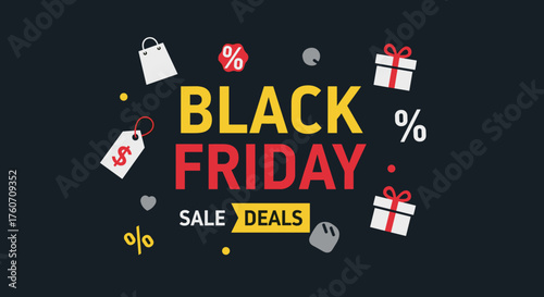 Black Friday Sale Deals banner with shopping icons gift boxes and discount percentage