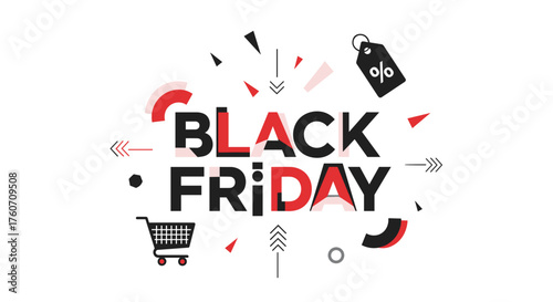 Abstract Black Friday sale vector banner featuring dynamic typography cart and discount symbols