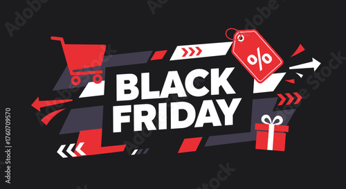 Black Friday sale banner modern graphic design with discount symbols and shopping cart