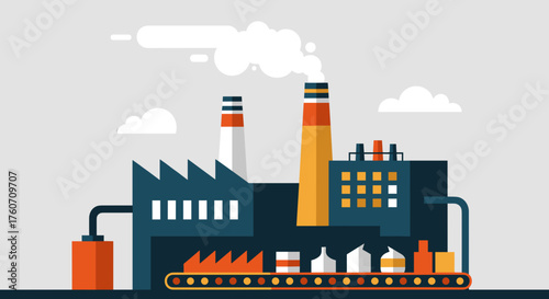 Flat design vector illustration of a large industrial factory conveyor belt and smokestacks
