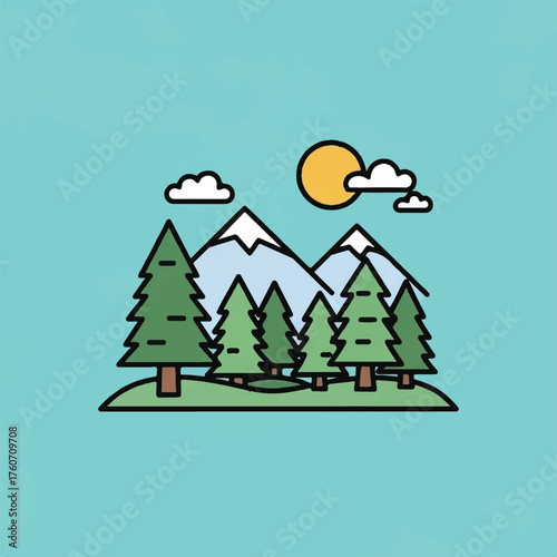 Stylized mountain range with pine trees and a sun, embodying nature's serene beauty and outdoor adventure