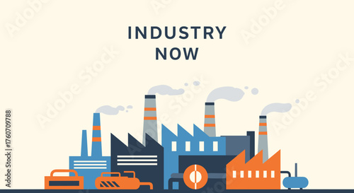 Flat graphic showing an industrial factory with smokestacks Manufacturing and economic production