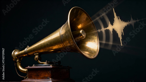 Vintage gramophone with sound wave emanating from its horn against a dark background