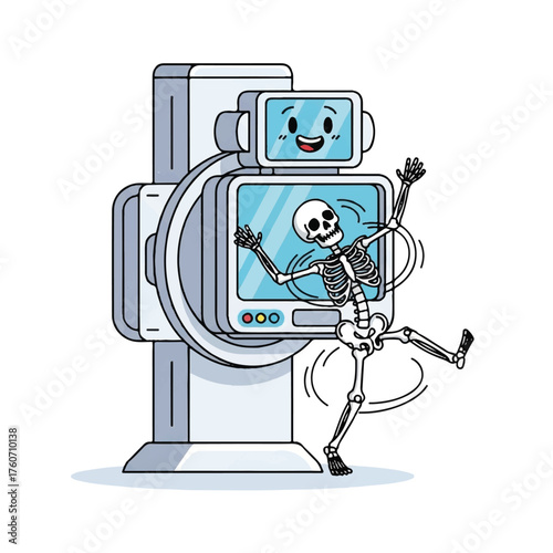 Joyful skeleton dancing during an X-ray scan by a friendly medical imaging machine, a whimsical and humorous cartoon illustrating playful diagnostics and anatomy