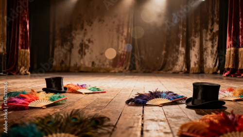 Empty stage with top hats and colorful feather fans on wooden floor, vintage theater setting